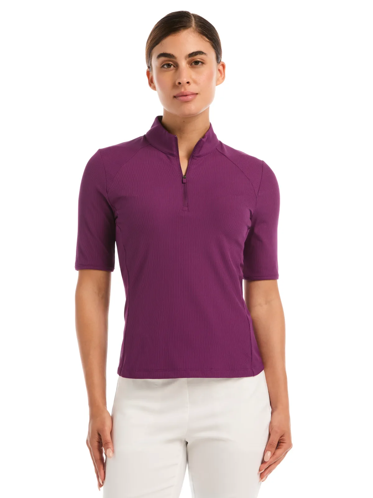 Woman wearing the Callaway Rib Play Polo in Gloxinia