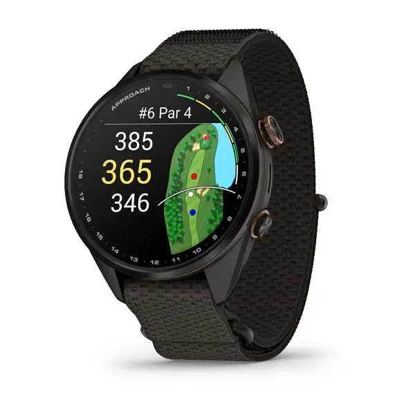 Garmin Approach S72 with a dark fabric band showing a hole map