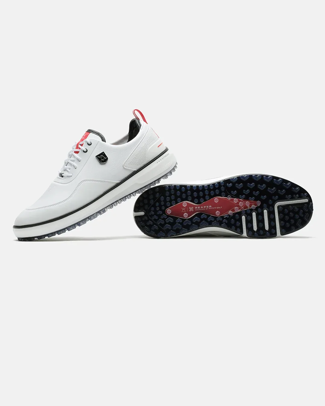 Reaper SL spikeless golf shoe in white with red heel tab and outsole