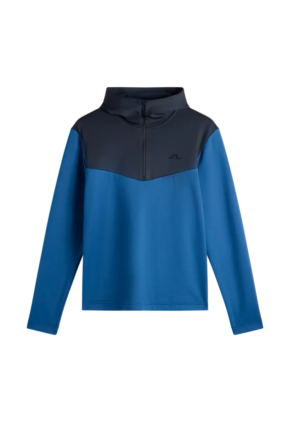 Blue quarter-zip hoodie with a navy yoke and hood