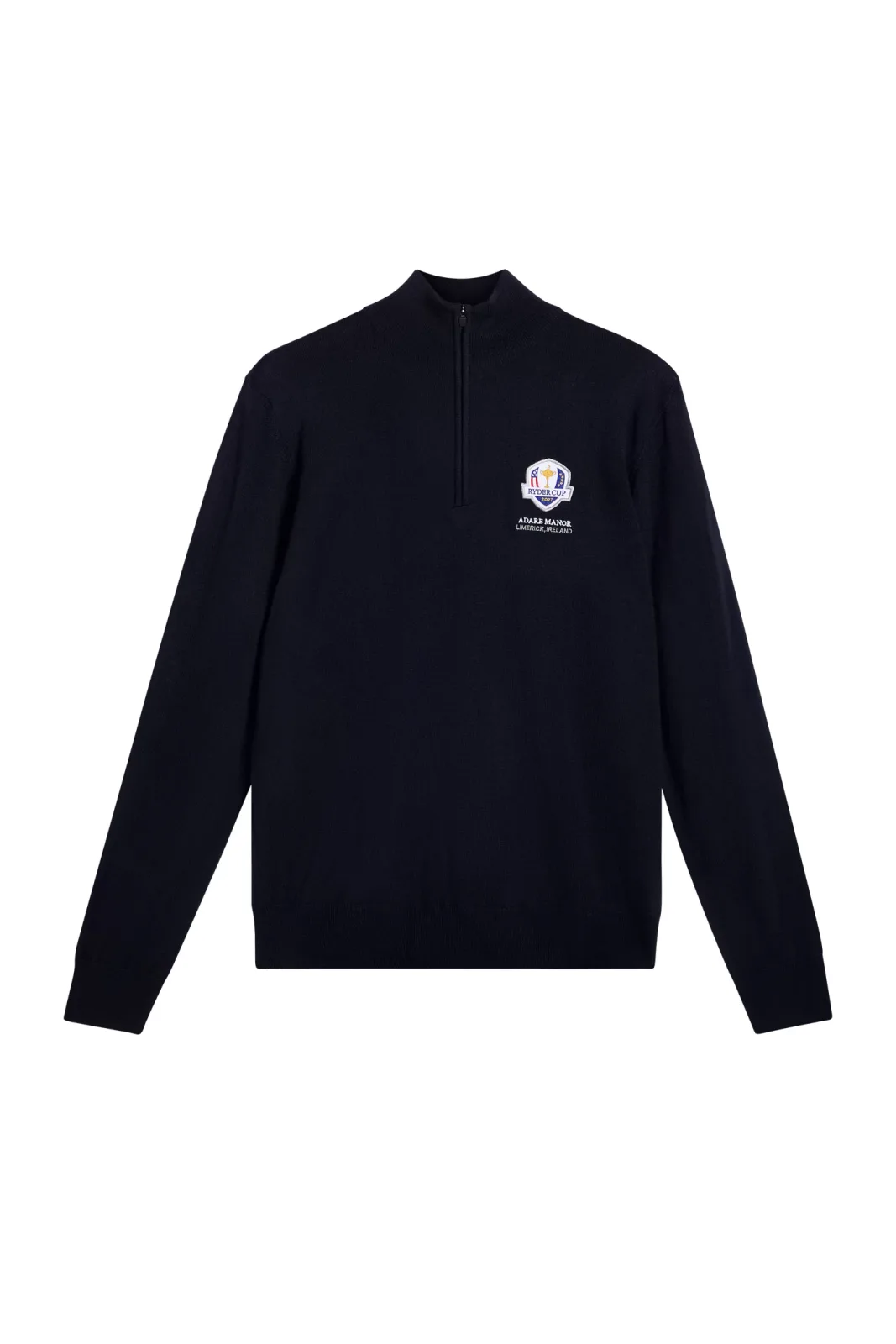 Navy merino quarter-zip sweater with the 2027 Ryder Cup badge on the chest