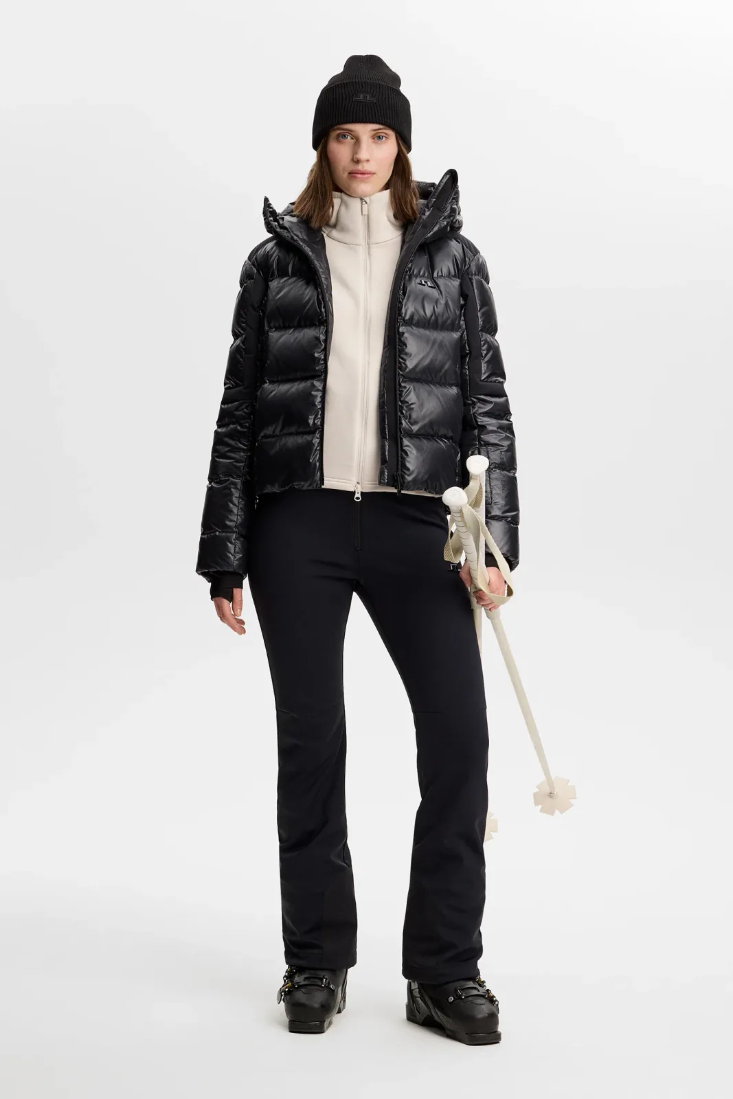 Model wearing the grey Portia Polartec Hood under a black jacket