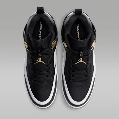Top-down view of a pair of Spizike G shoes with gold Jumpman logos