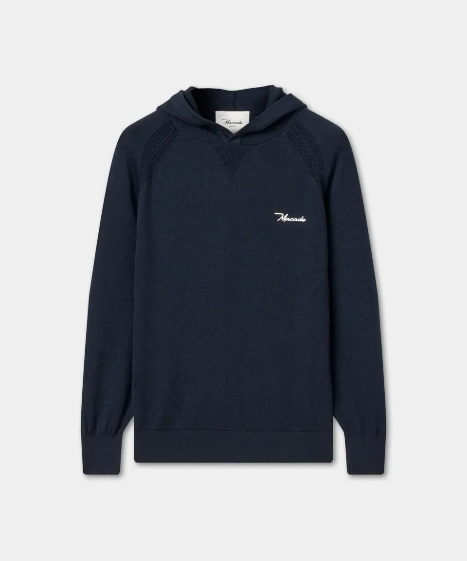 Navy Flow Light knit hoodie laid flat