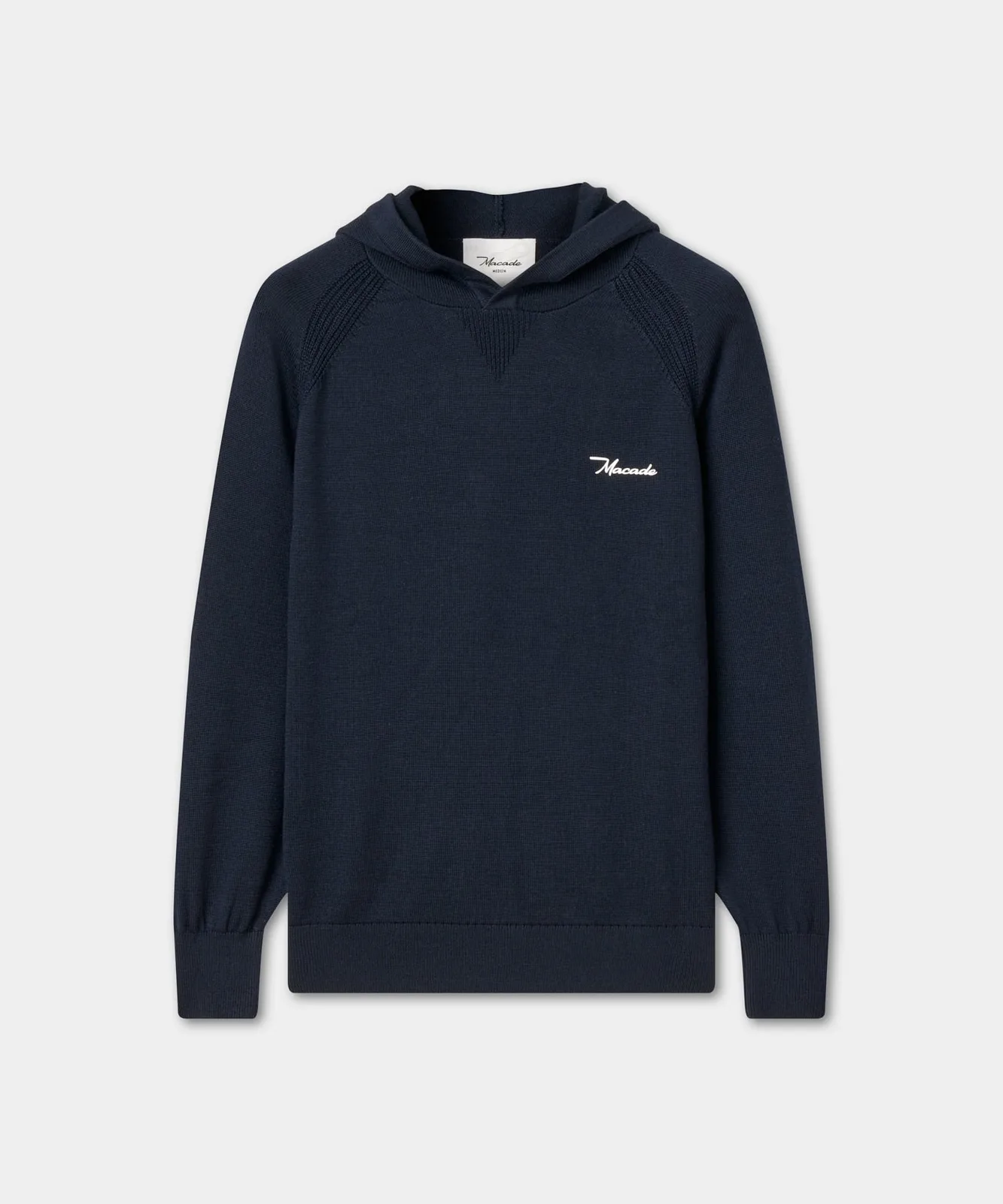 Navy Flow Light knit hoodie laid flat