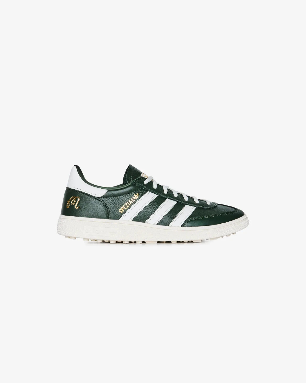 Forest green Malbon x adidas Spezial golf shoe with white 3-Stripes