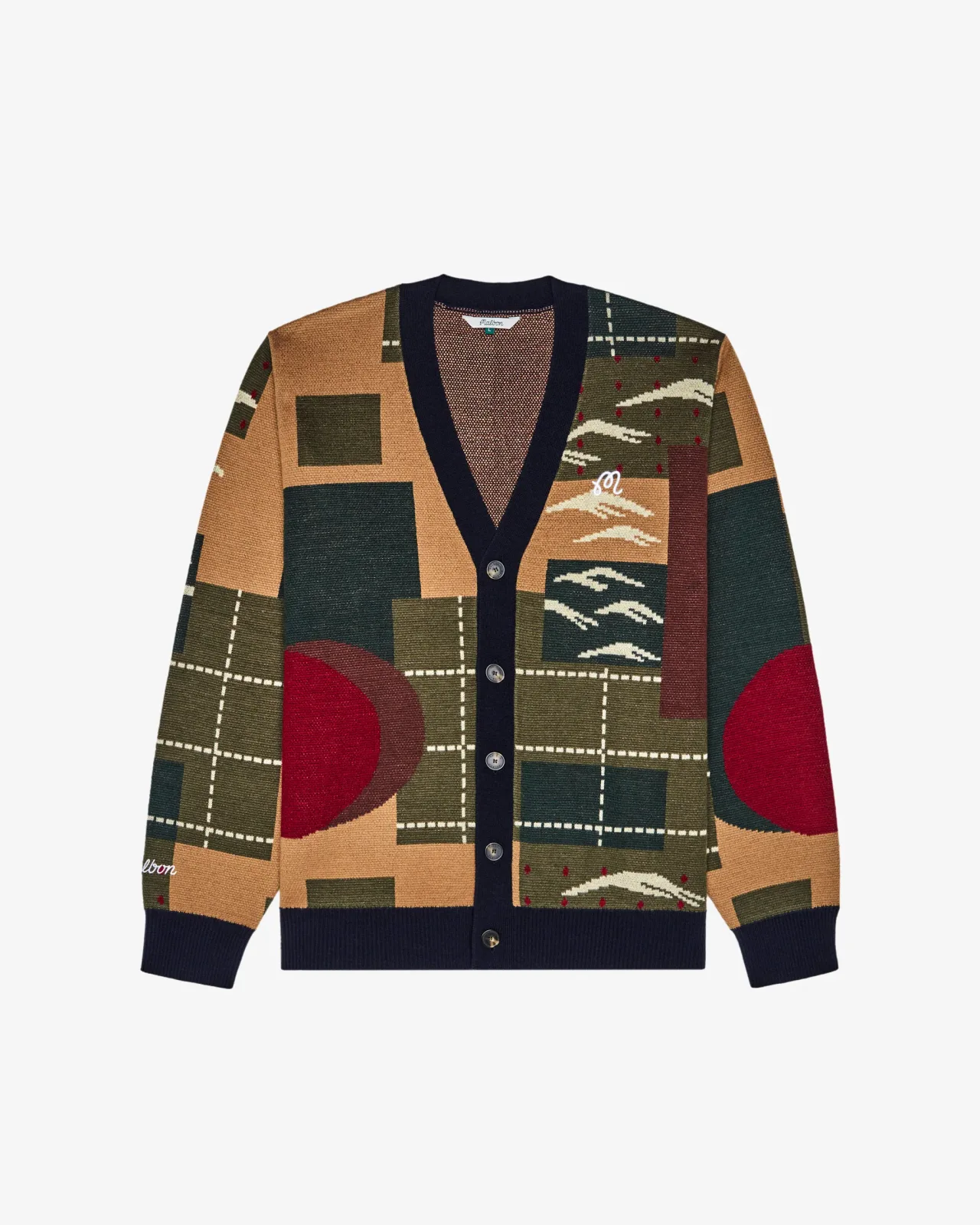 Patchwork jacquard Edo cardigan in olive, tan and red