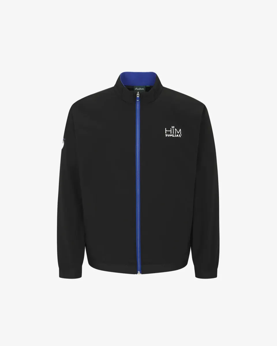 Black golf jacket with royal blue zip and white HIM Sungjae logo