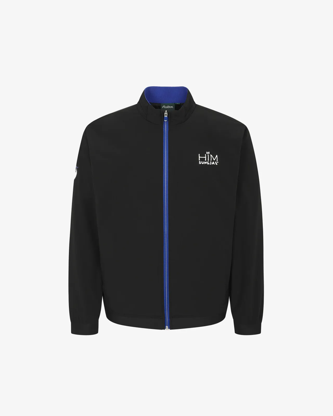 Black golf jacket with royal blue zip and white HIM Sungjae logo