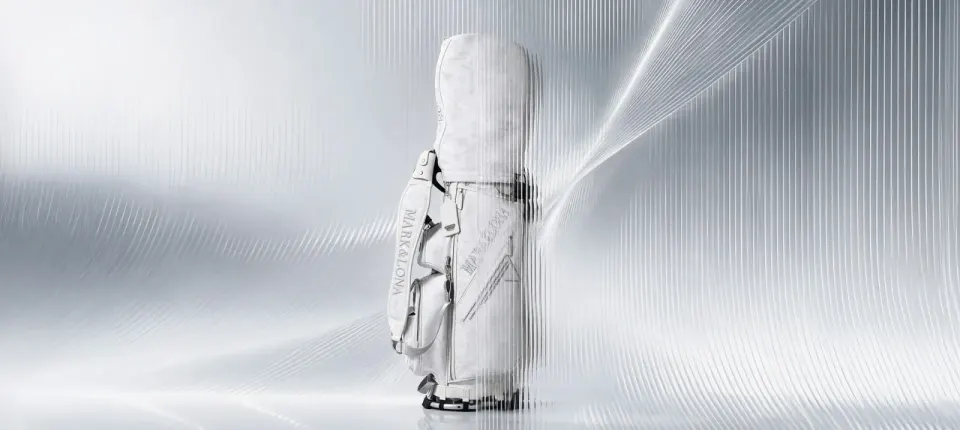 White moiré-camo CODE stand bag against a silver backdrop
