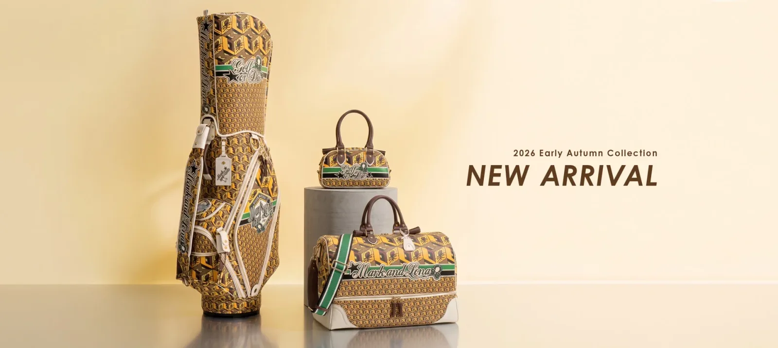 Prisme caddie bag, cart bag and duffel in the brown cube print