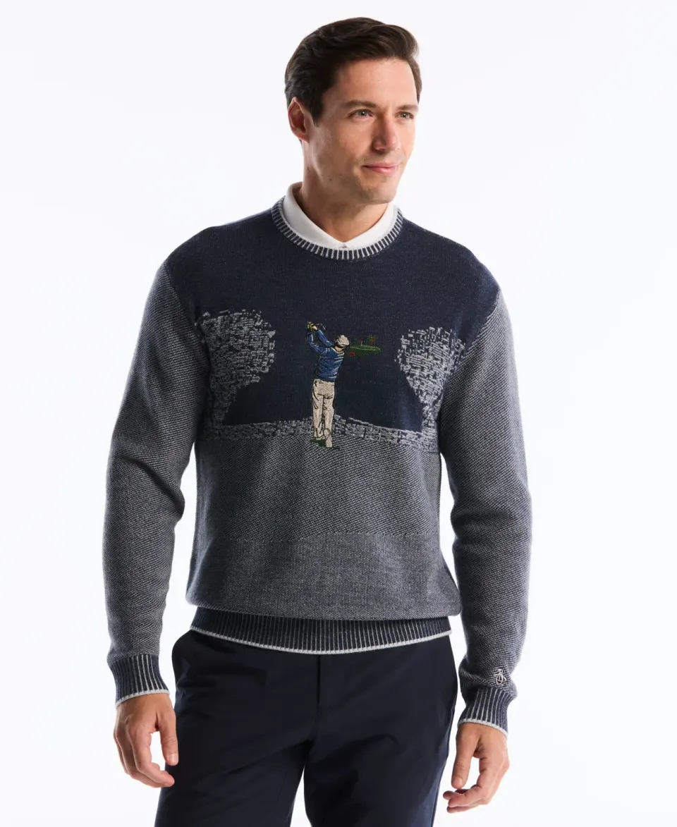 Man wearing an Original Penguin Birdie Battalion golf sweater with a golfer landscape on the chest