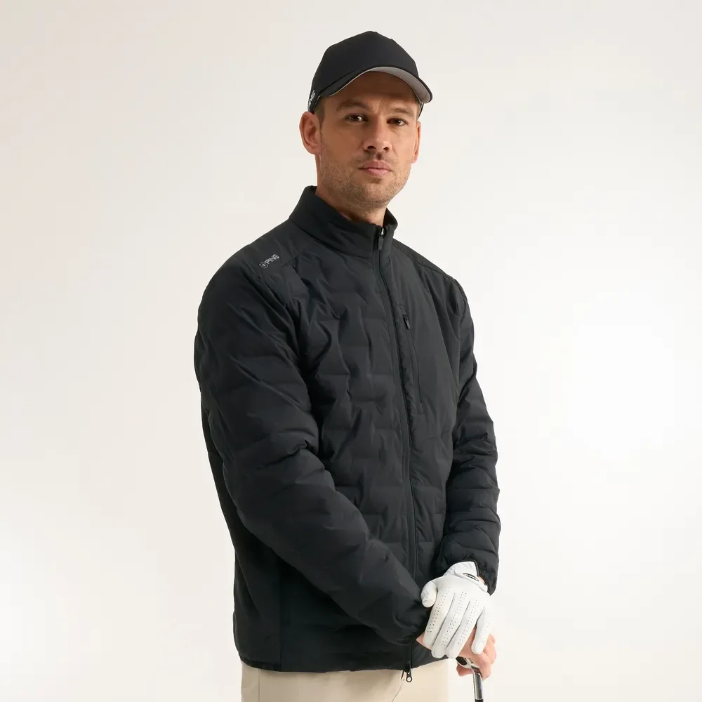 Golfer wearing the Ping Norse Cocoon 2.0 insulated jacket in black