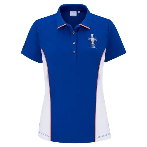 Blue and white Team Europe day one polo with orange piping