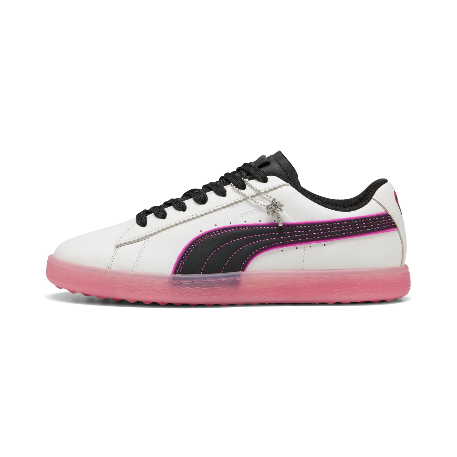 White Suede G golf shoe with black formstrip and pink translucent sole