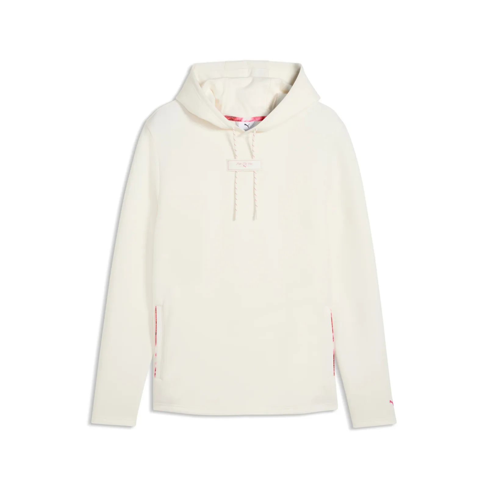 Off-white golf hoodie with pink drawcord tips