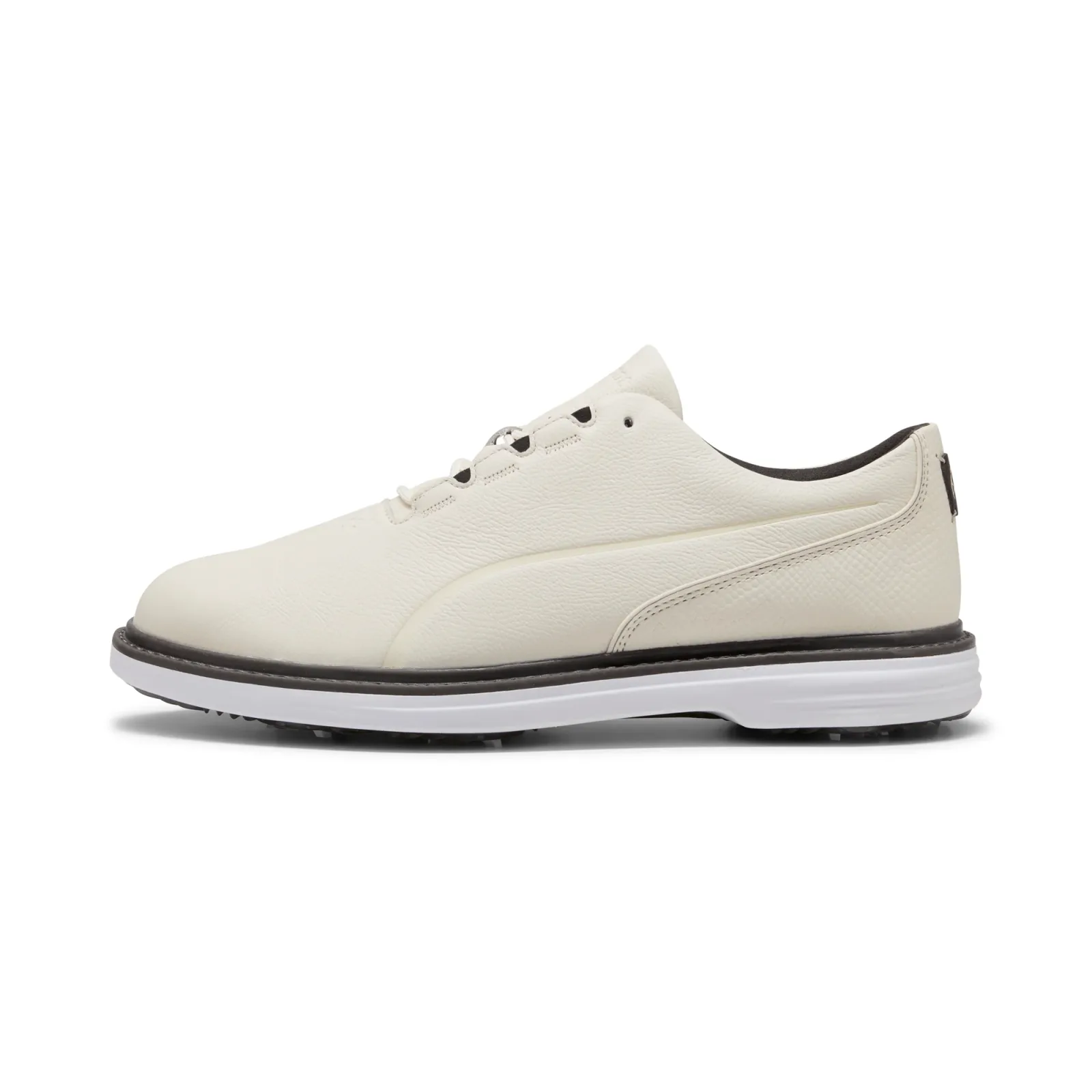 Warm white leather AVANT Tour golf shoe with dark sole edge