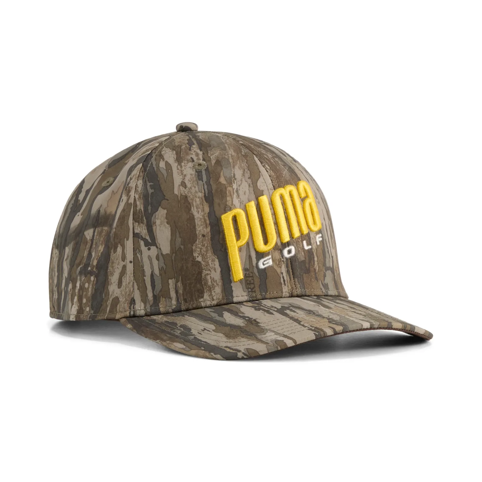 Camo golf cap with a yellow PUMA Golf logo