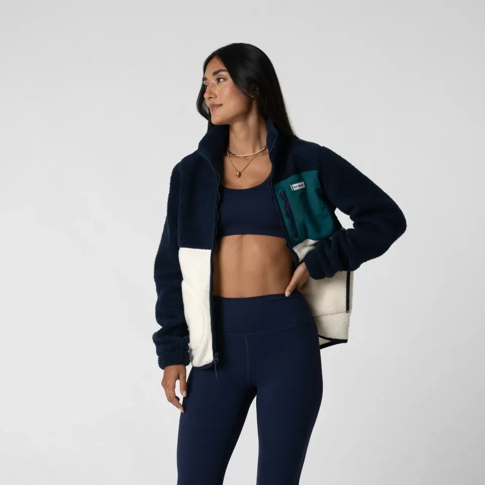 Rhoback women’s Summit Crest full-zip jacket, colorblock Fleet Navy/Ivory/Midnight Green